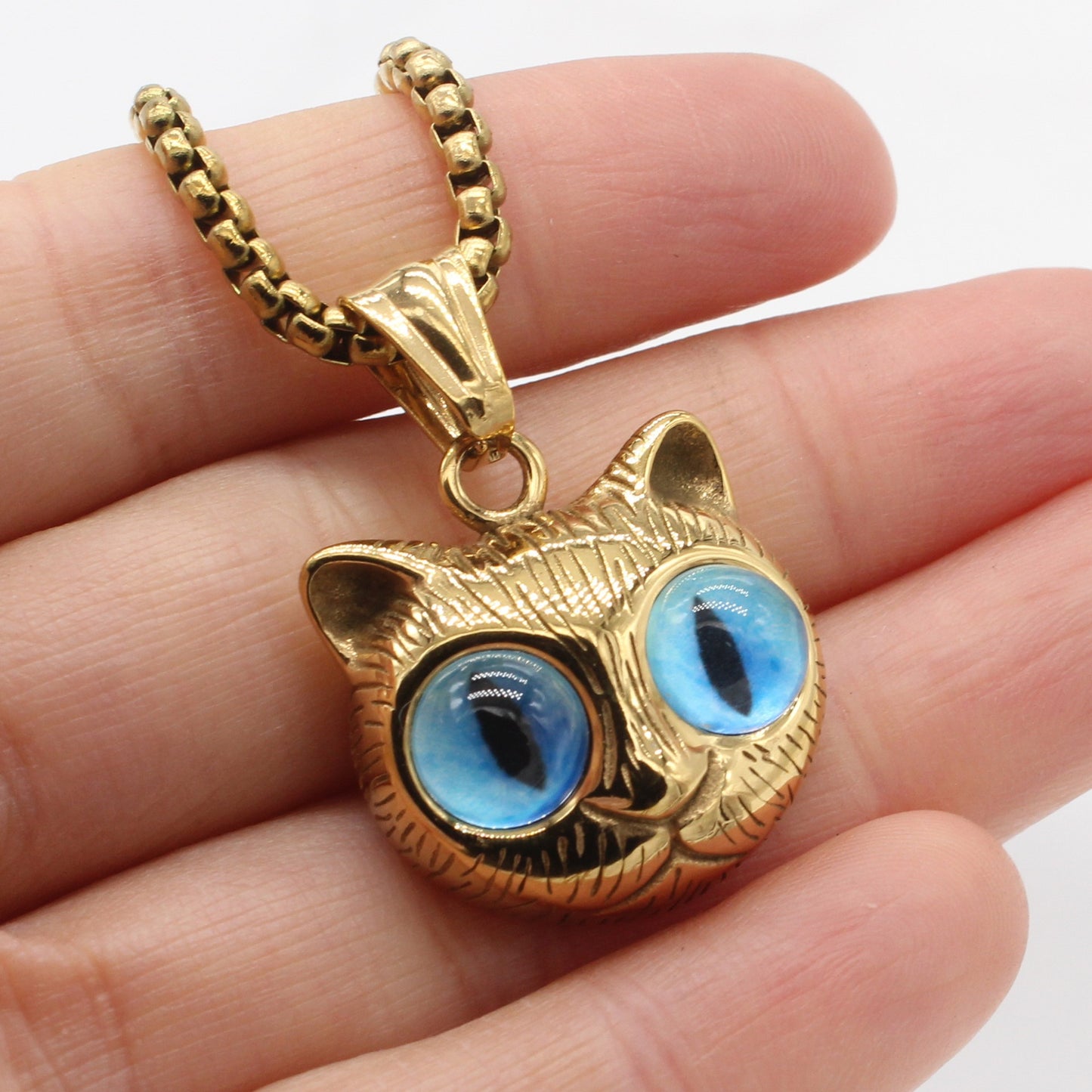 Kemston Blue Eyed Cat Pendant Necklace for Men Titanium Steel Vintage P1458