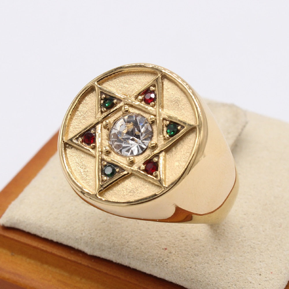 Kemston Titanium Steel Six Point Star Signet Ring for Men R1484