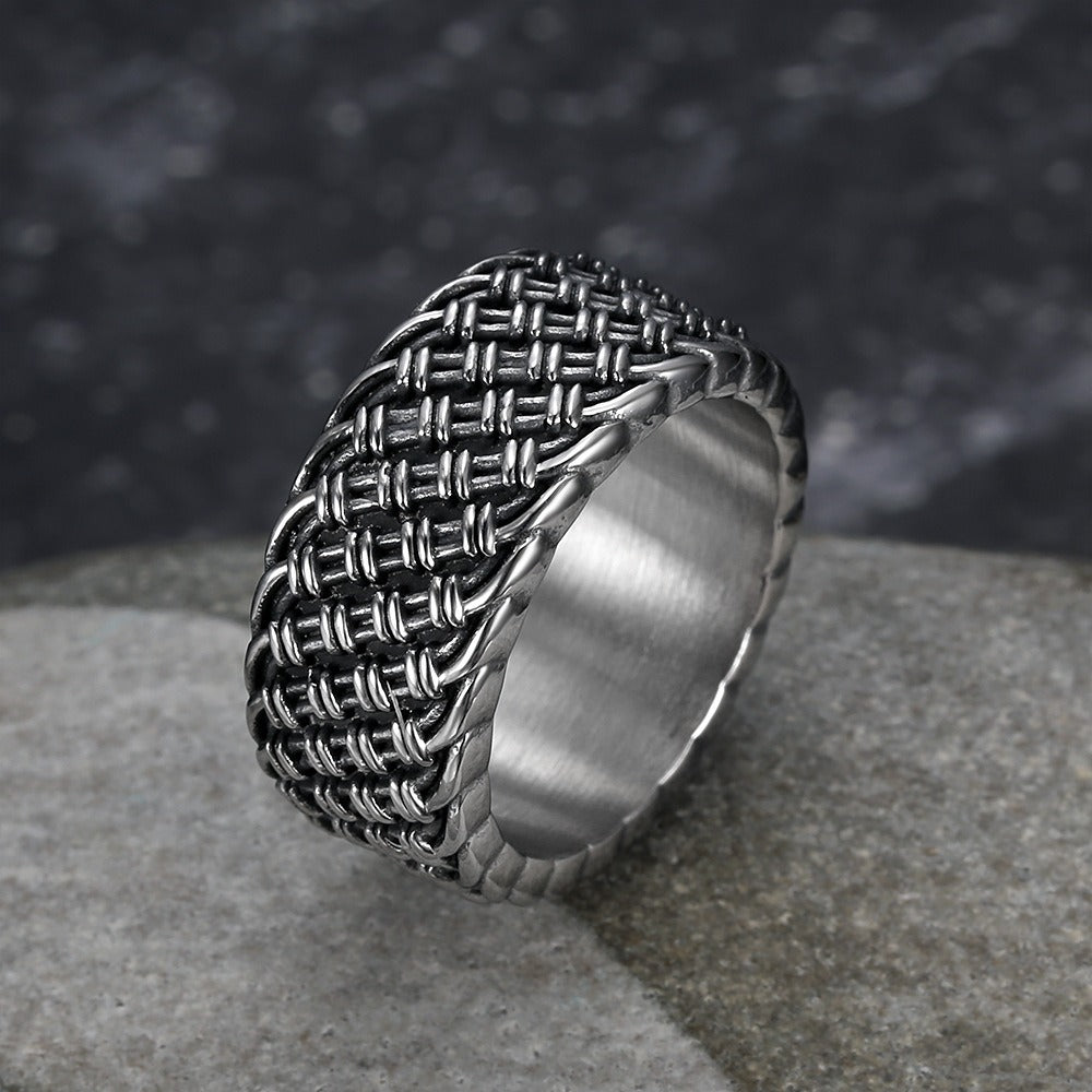Kemstone Stainless Steel Woven Ring for Men – Vintage Punk Wide Design TR0457