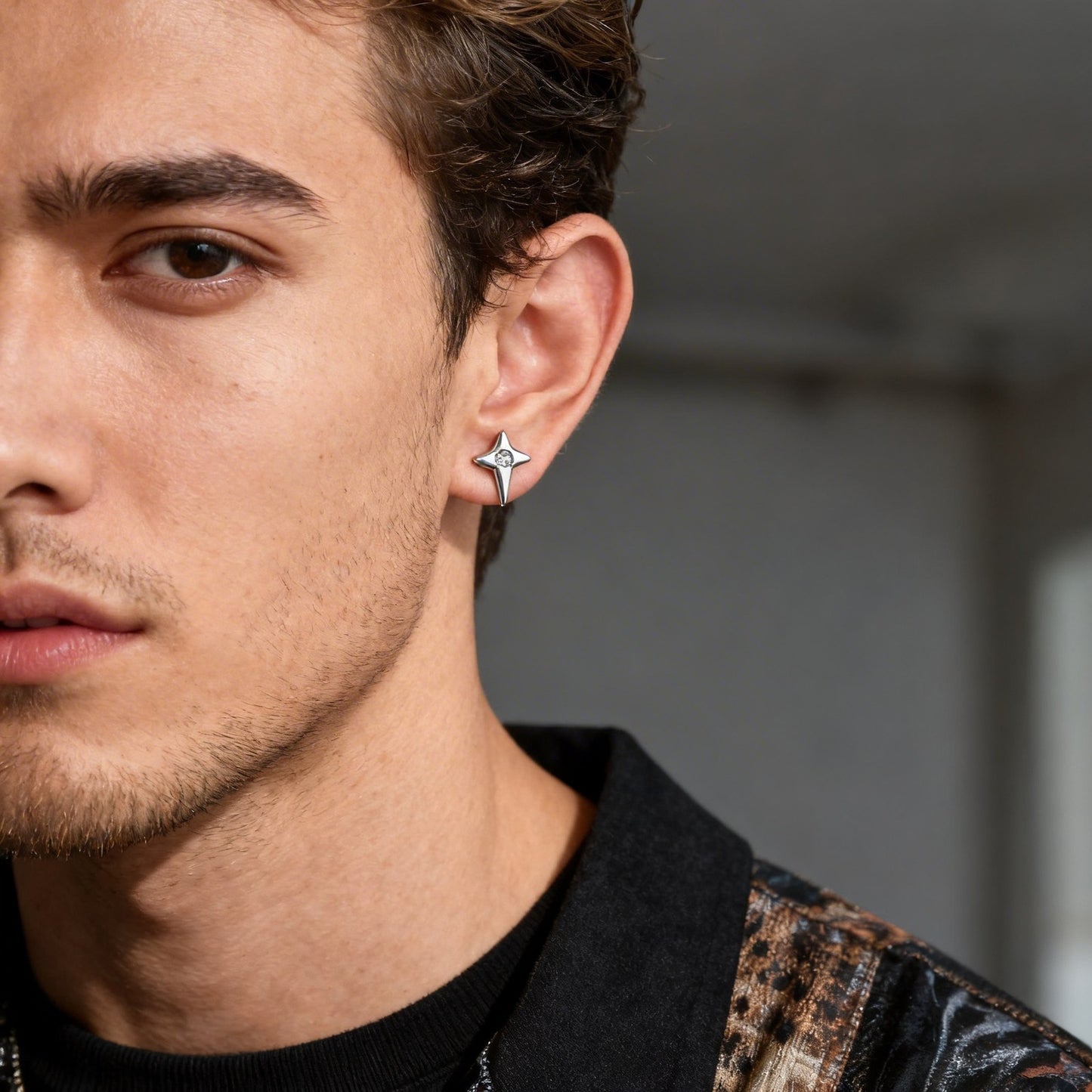 Kemstone Star Stud Earrings Stainless Steel Cubic Zirconia Earrings for Men ES-776