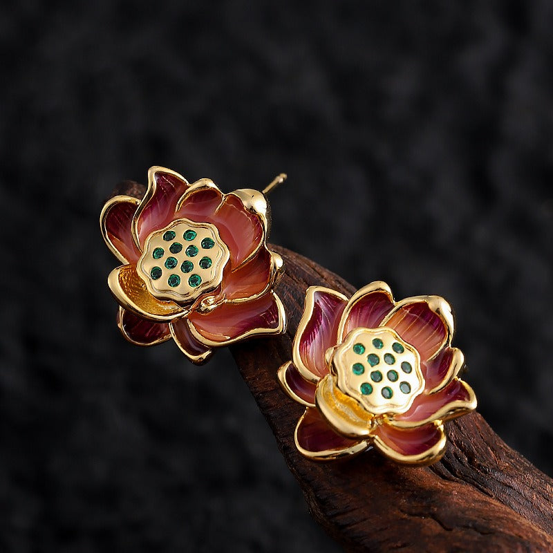 Kemstone Lotus Flower Stud Earrings for Women Enamel Floral Copper TD10865