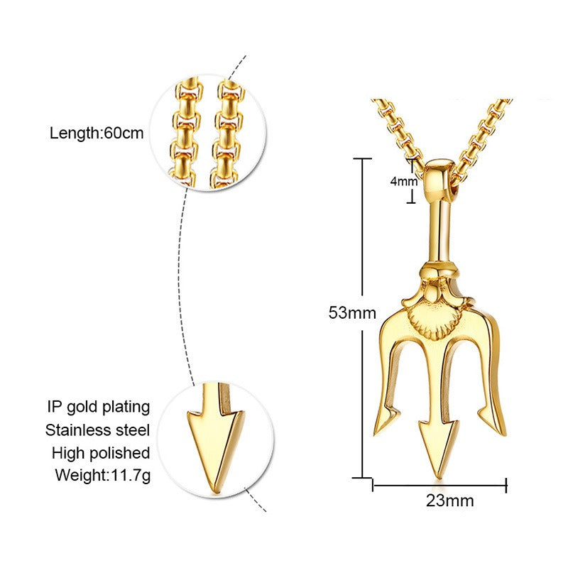 Kemstone Trident Pendant Necklace for Men Stainless Steel Vertical Symbol Gold Silver Black PN-1176