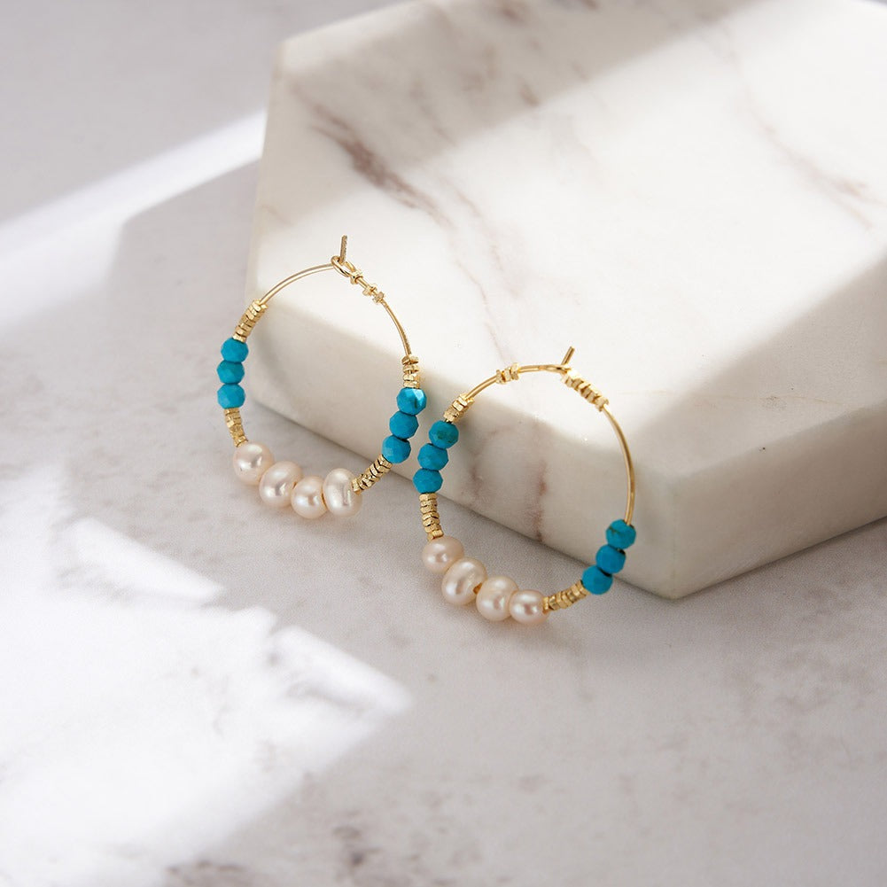 Kemstone 925 Sterling Silver Turquoise Pearl Hoop Earrings for Women Freshwater Pearl Vintage Style MPE07