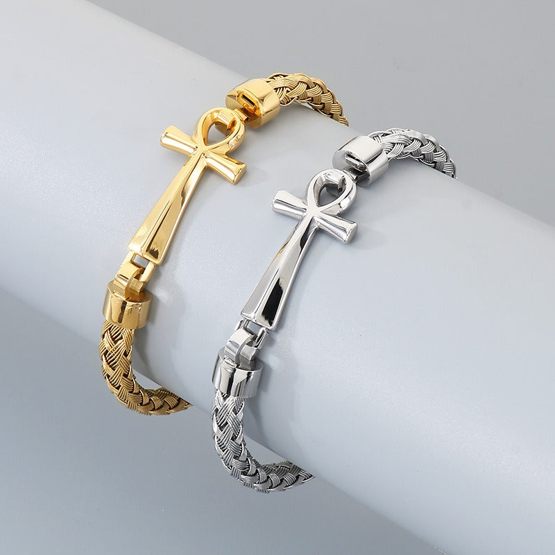 Kemstone Titanium Steel Braided Cuff Bracelet for Men Ankh Cross Clasp Gold Silver KB212793-KFC