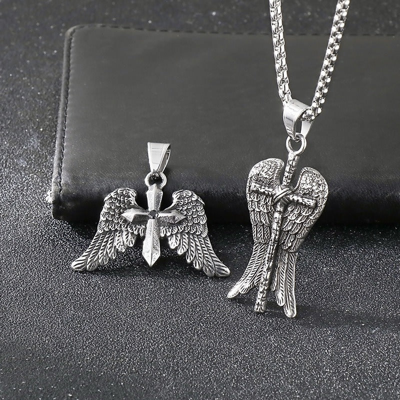 Kemstone Men’s Angel Wing Cross Necklace – Titanium Steel Gothic Pendant KP116184-MZOZ
