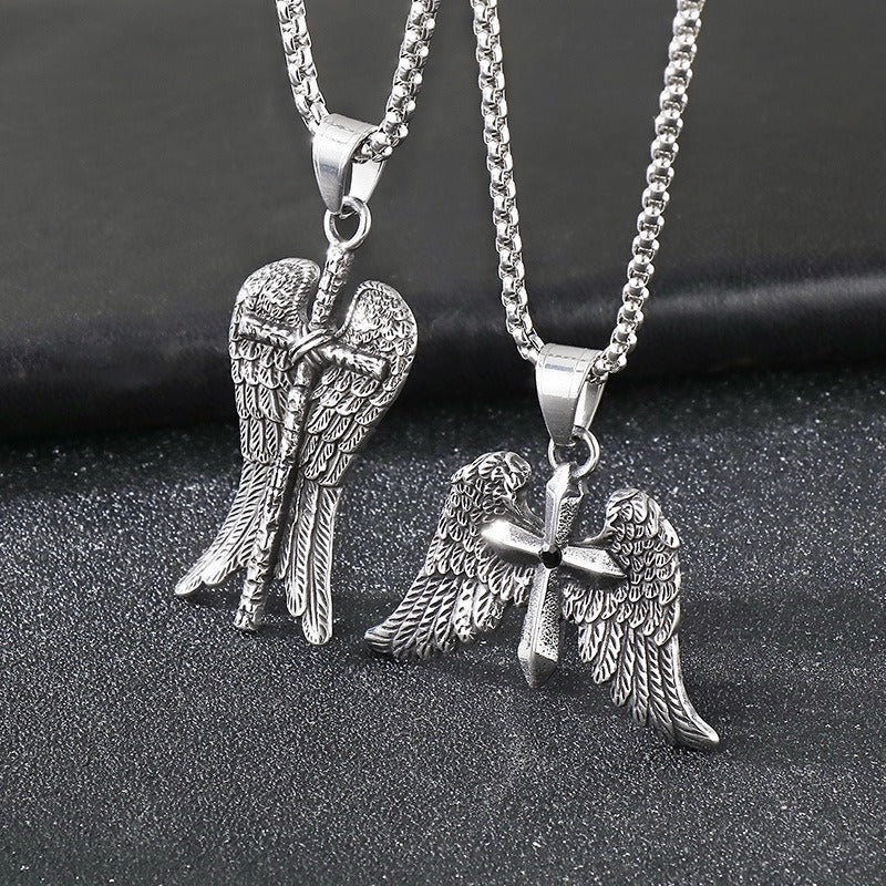 Kemstone Men’s Angel Wing Cross Necklace – Titanium Steel Gothic Pendant KP116184-MZOZ