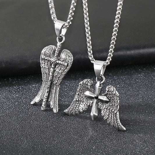 Kemstone Men’s Angel Wing Cross Necklace – Titanium Steel Gothic Pendant KP116184-MZOZ