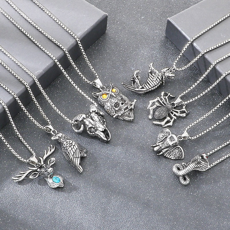 Kemstone Pendant Necklace for Men Titanium Steel Gothic Animal Pendant Snake Spider Skull Silver KP117040-LU