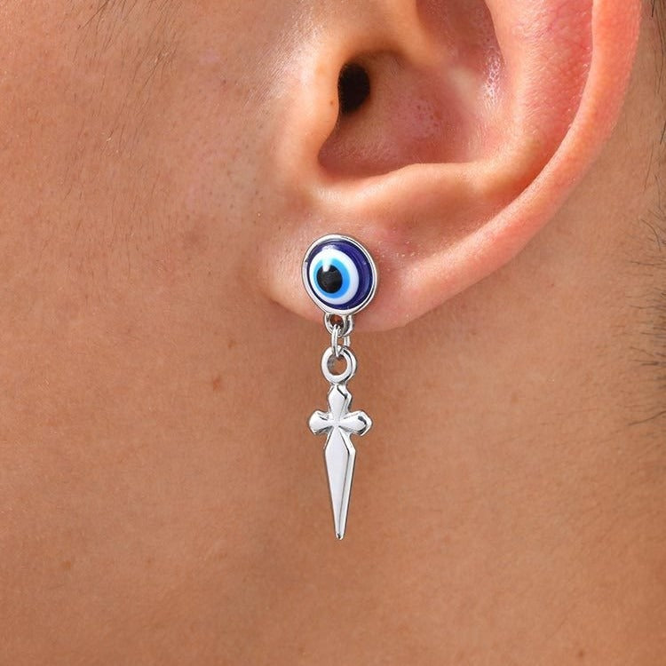 Kemston Blue Eye Cross Drop Earring for Men Stainless Steel Gothic ED-1099