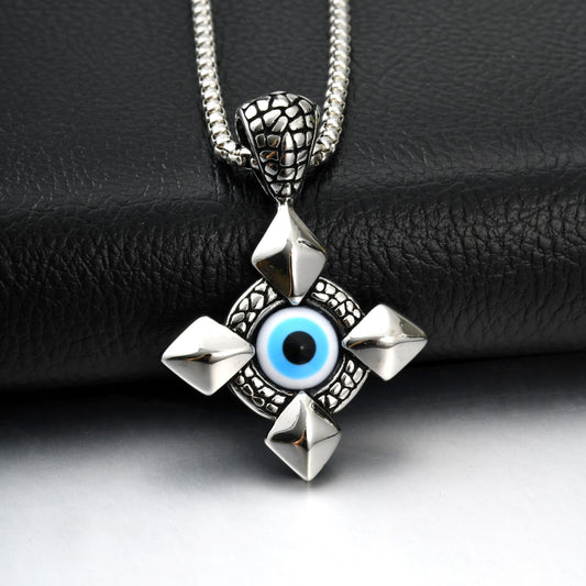 Kemstone Stainless Steel Gothic Cross Pendant Necklace for Men Blue Eye Detail PN-2412