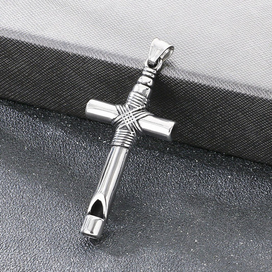 Kemstone Cross Necklace for Men Titanium Steel Whistle Pendant Gothic Silver KP117031-LU