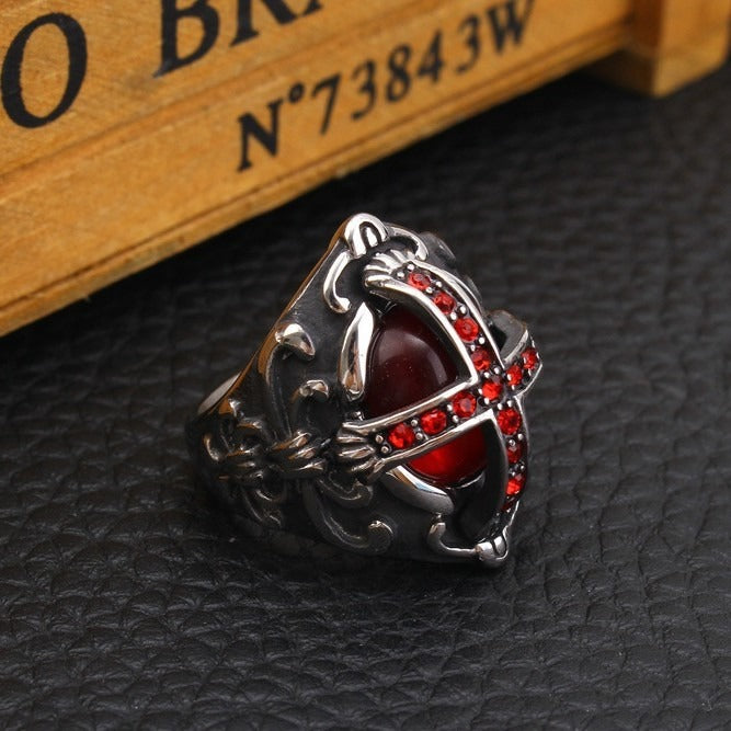 Kemstone Titanium Steel Red Cross Signet Ring for Men Vintage Gothic Stone TR0054