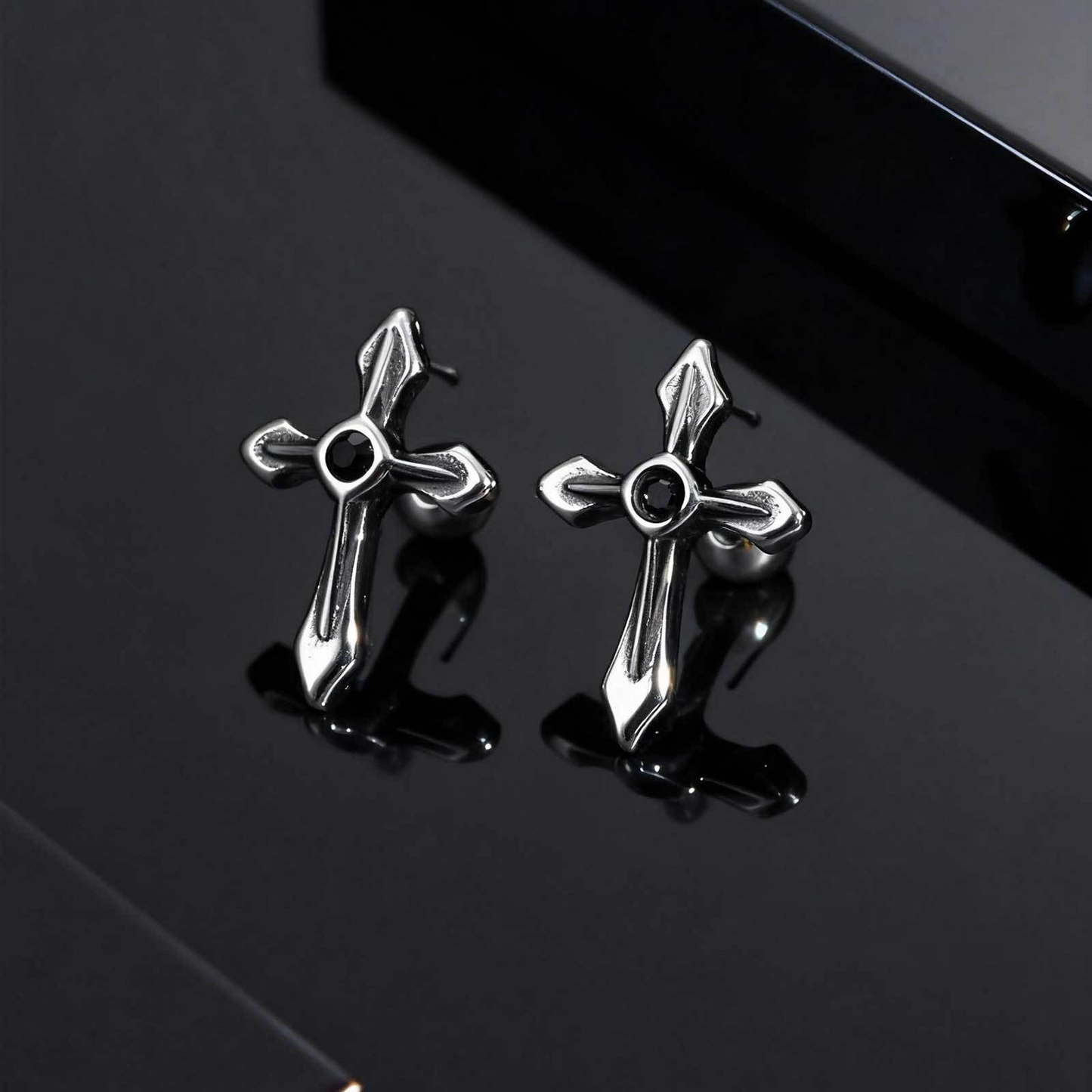 Kemstone Stainless Steel Cross Stud Earring for Men – Black Cubic Zirconia ES-745