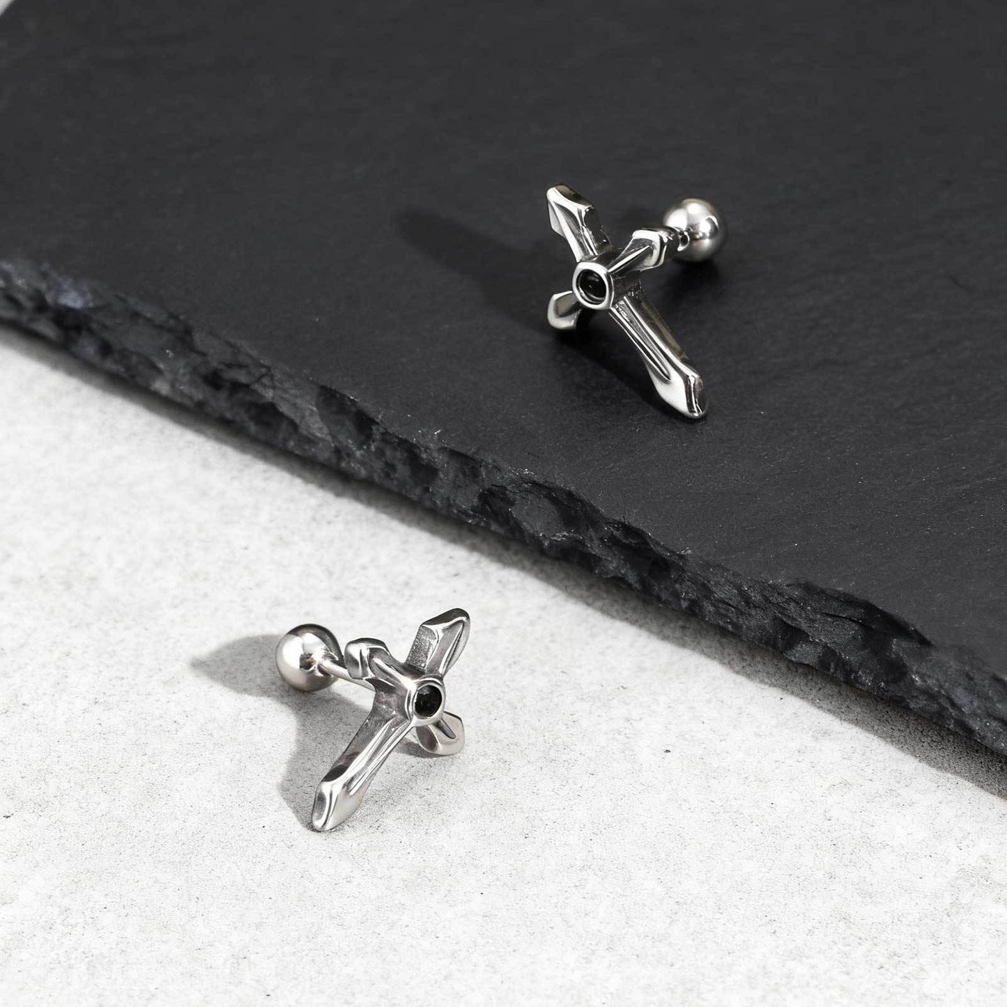 Kemstone Stainless Steel Cross Stud Earring for Men – Black Cubic Zirconia ES-745