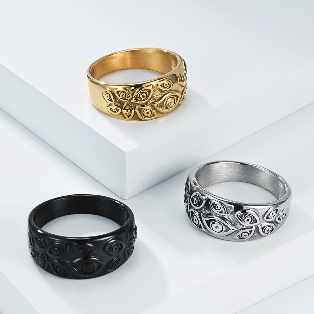 Kemstone Titanium Steel Evil Eye Ring for Men – 10mm Gothic Demon Band Jewelry, Silver/Gold/Black K-R1082