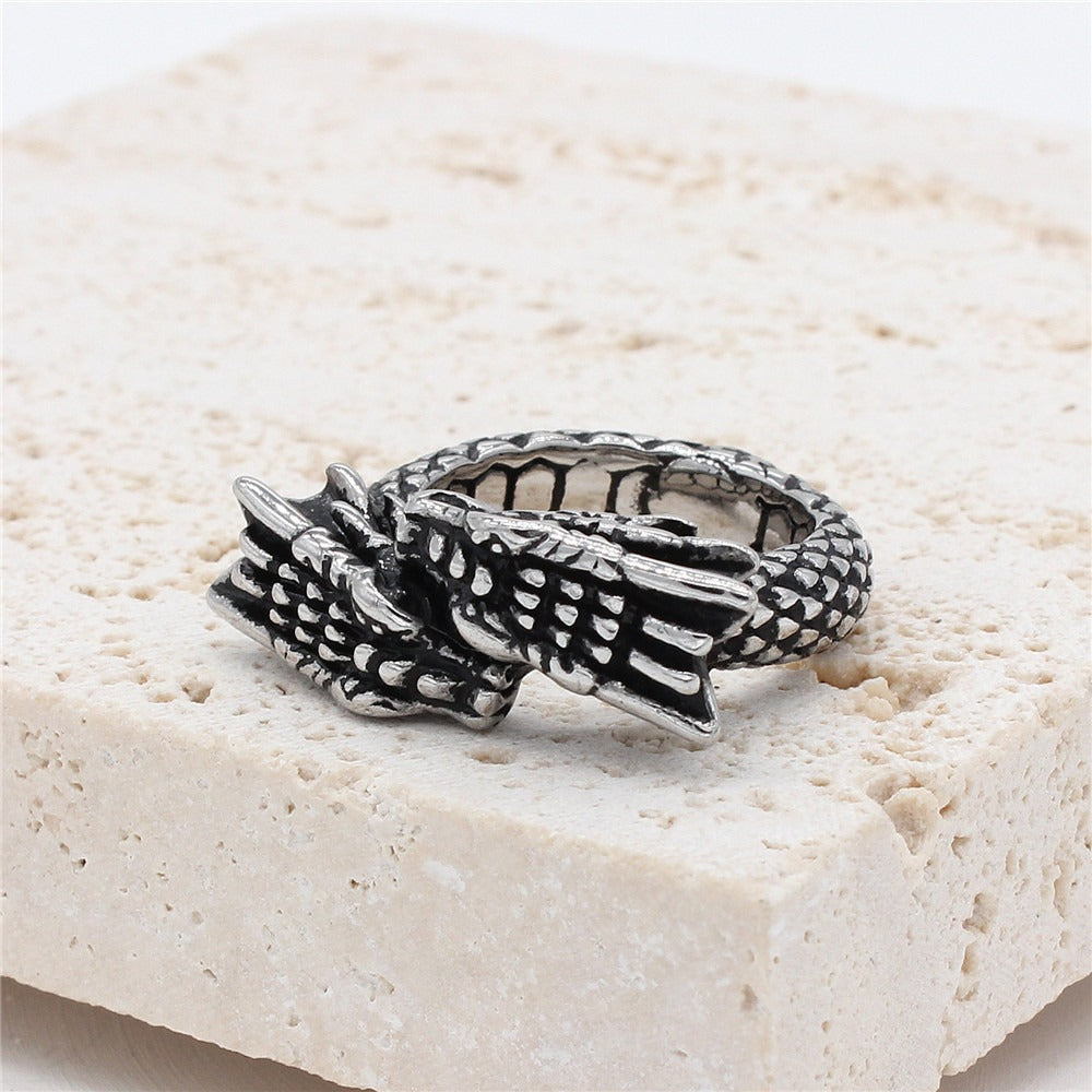 Kemstone Double Dragon Head Ring for Men Titanium Steel Vintage R1105