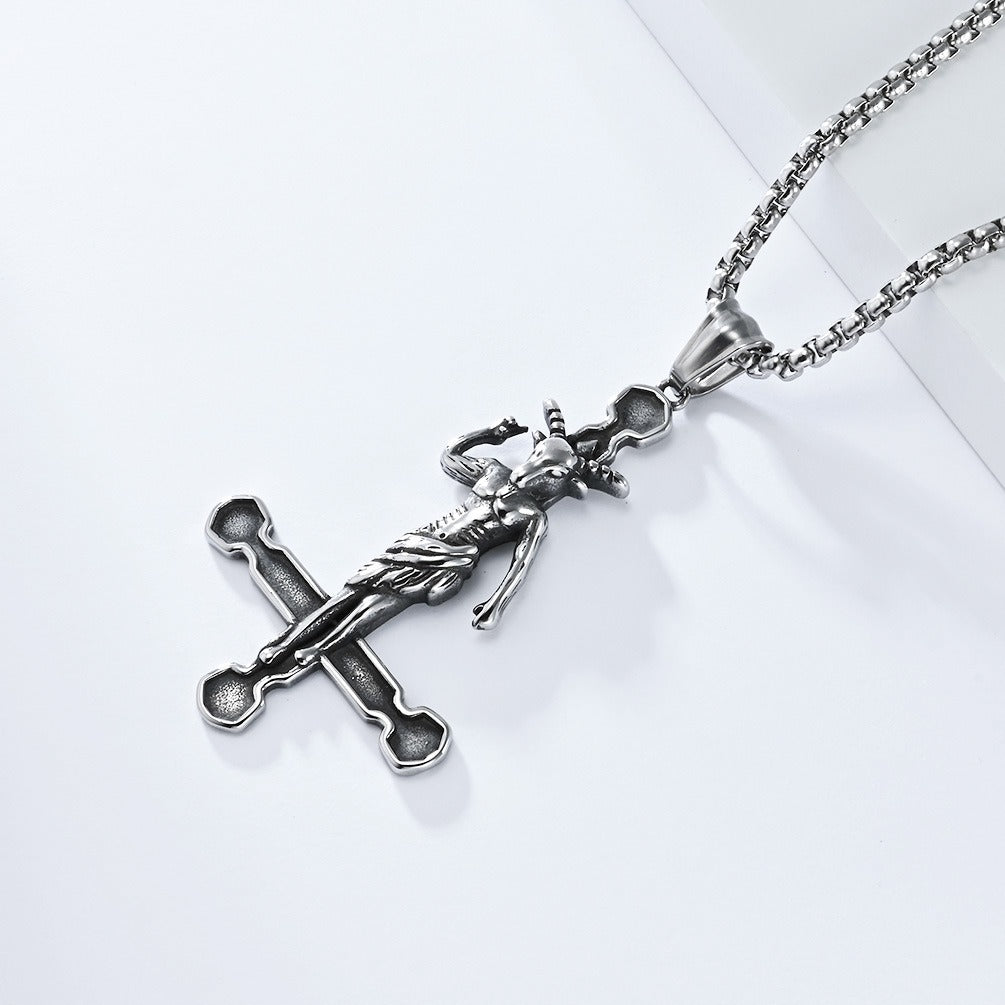 Kemstone Cross Pendant Necklace Stainless Steel Gothic Figure Design for Men Silver K-PT520
