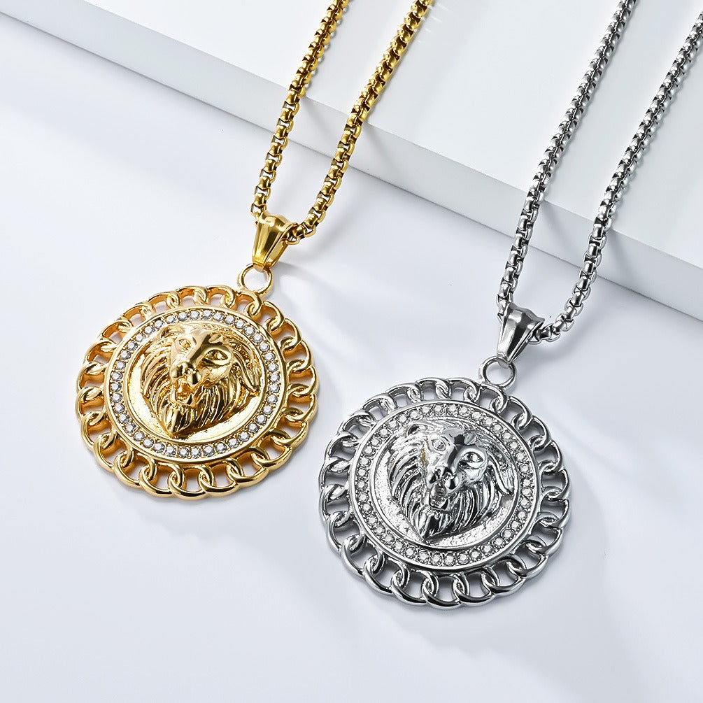 Kemstone Stainless Steel Lion Medallion Pendant Necklace for Men Gothic Vintage Animal Chain K-PT624