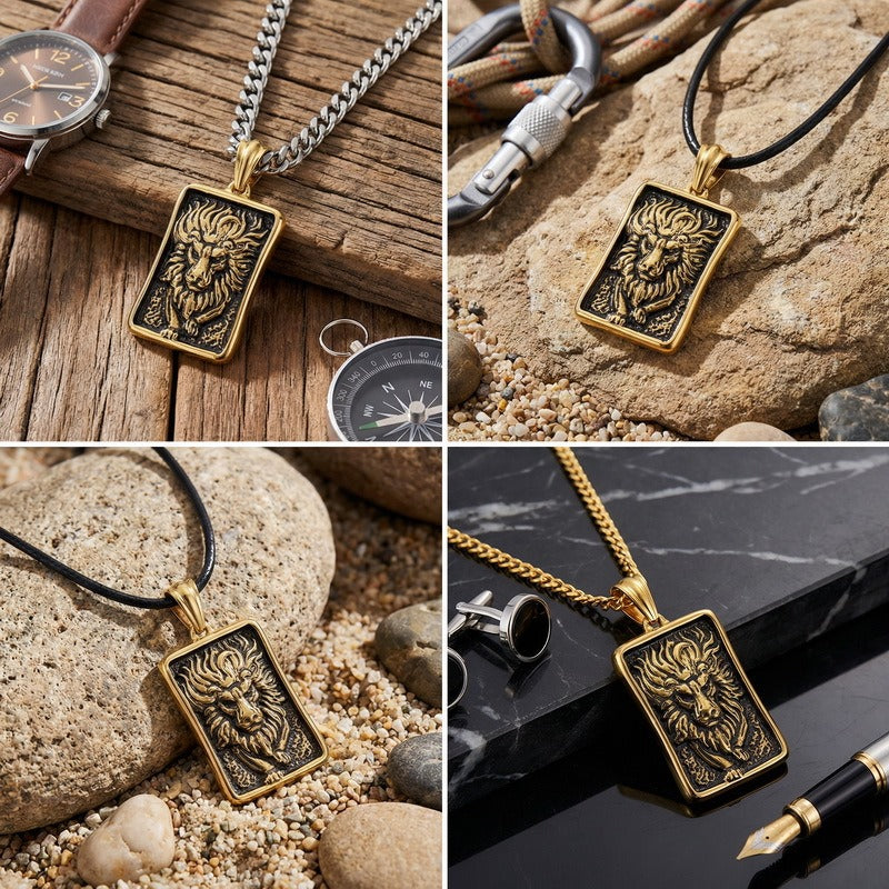 Kemstone Titanium Steel Lion Tag Pendant Necklace for Men Vintage Relief Design KP98157-KJX