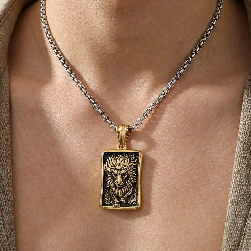 Kemstone Titanium Steel Lion Tag Pendant Necklace for Men Vintage Relief Design KP98157-KJX