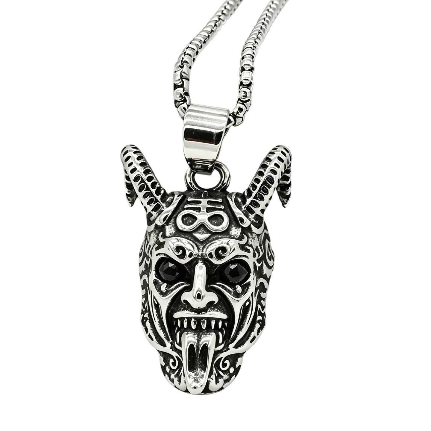 Kemstone Horned Skull Pendant Necklace for Men Gothic Mask Red/Black Stone P1556