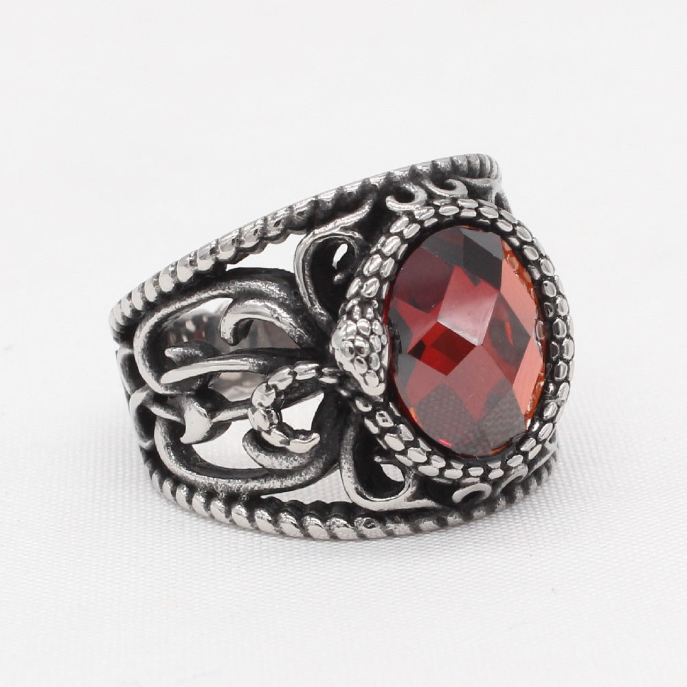 Kemstone Vintage Stone Inlay Signet Ring for Men Titanium Steel Hollow Filigree Design R1672