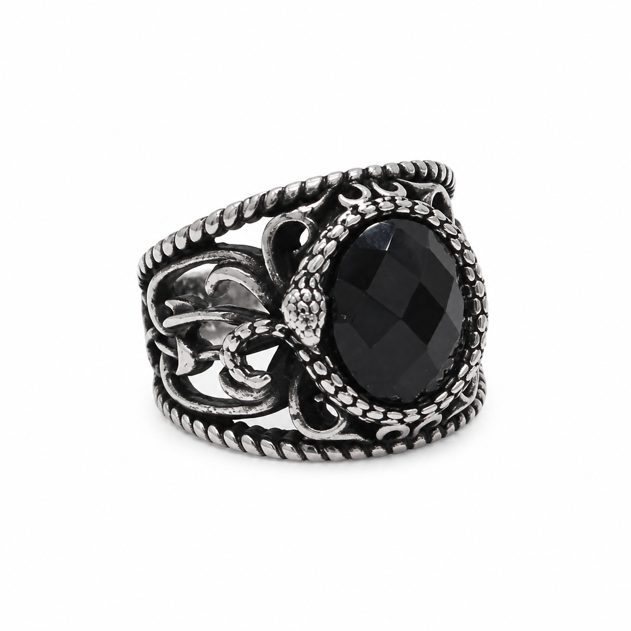 Kemstone Vintage Stone Inlay Signet Ring for Men Titanium Steel Hollow Filigree Design R1672