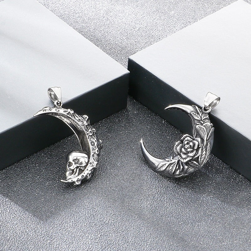 Kemstone Crescent Moon Pendant Necklace Titanium Steel Carved Floral Gothic Style for Men KP117749-LU