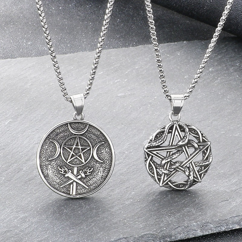 Kemstone Titanium Steel Pentagram Moon Pendant Necklace for Men KP117025-LU