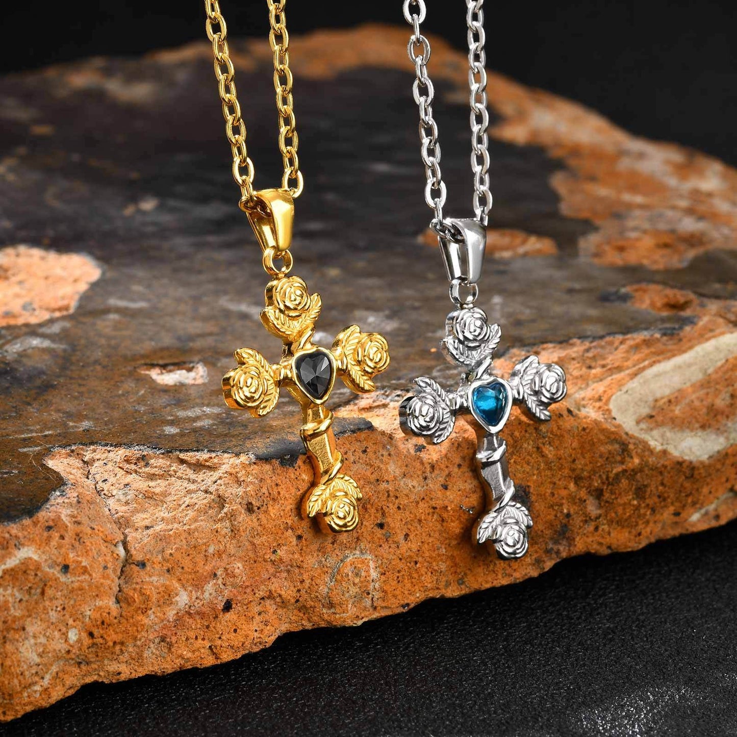 Kemstone Men’s Gothic Cross Pendant Necklace – Stainless Steel Vintage Rose PN-2240