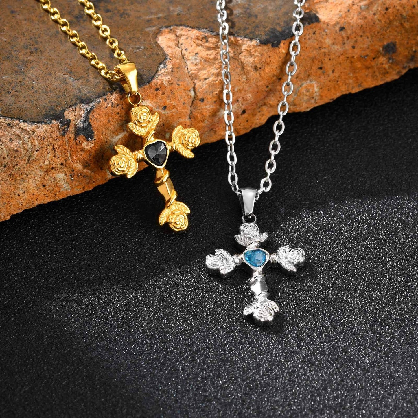 Kemstone Men’s Gothic Cross Pendant Necklace – Stainless Steel Vintage Rose PN-2240