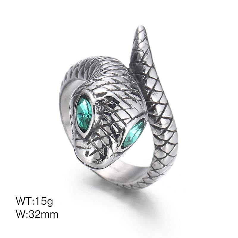 Kemstone Men’s Titanium Steel Snake Ring – Green Eye Serpent Gothic Style KR104534-KJX