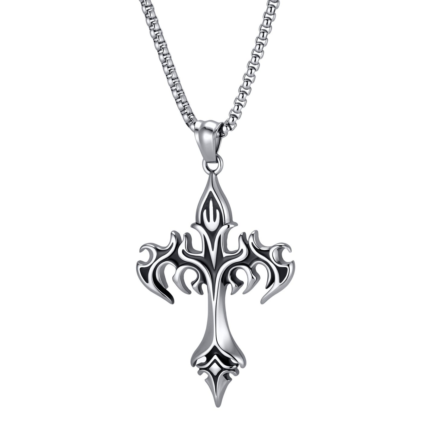 Kemstone Stainless Steel Flame Cross Pendant Necklace for Men Gothic Silver PN-2390