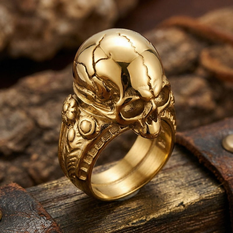 Kemstone Titanium Steel Skull Signet Ring for Men Gothic Cracked Heavy Punk KR114275-KJX