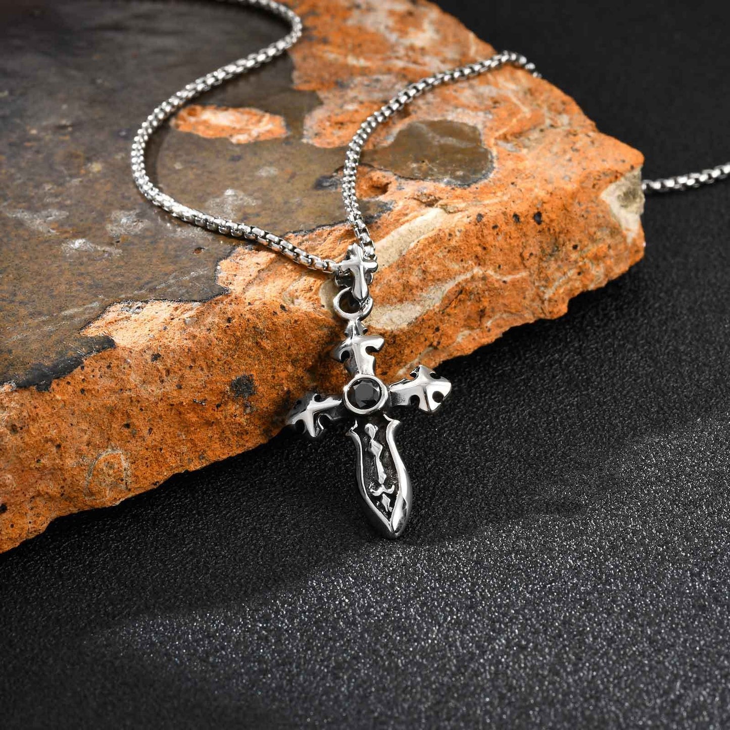 Kemstone Men’s Stainless Steel Cross Sword Pendant Necklace – Black Zircon PN-2248