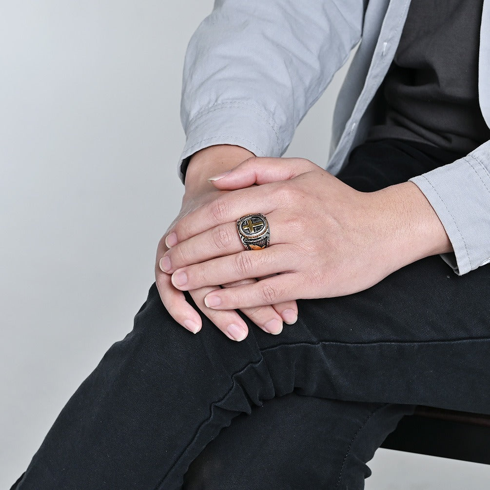 Kemstone Stainless Steel Vintage Cross Signet Ring for Men K-R958
