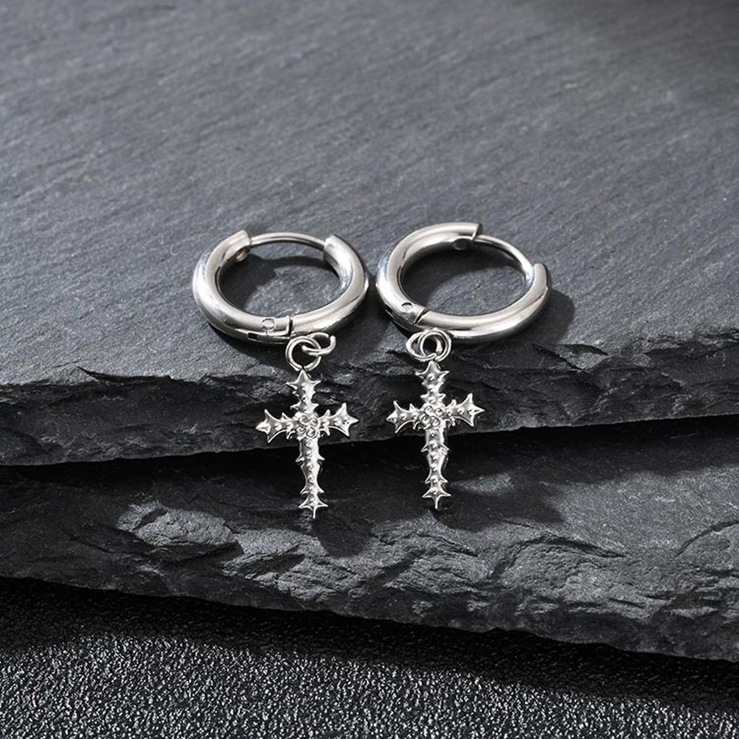 Kemstone Stainless Steel Thorn Cross Earrings for Men – Silver ED-1034