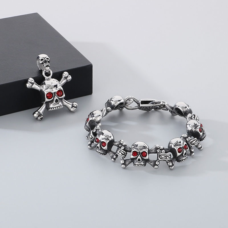 Kemstone Men’s Titanium Steel Skull Bracelet & Pendant – Red Cubic Zirconia Gothic Style KB149866-KJX