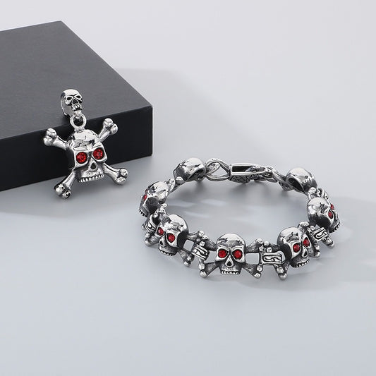 Kemstone Men’s Titanium Steel Skull Bracelet & Pendant – Red Cubic Zirconia Gothic Style KB149866-KJX