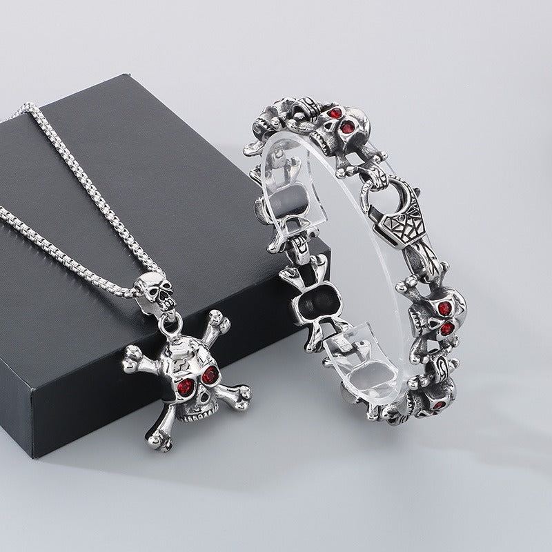 Kemstone Men’s Titanium Steel Skull Bracelet & Pendant – Red Cubic Zirconia Gothic Style KB149866-KJX