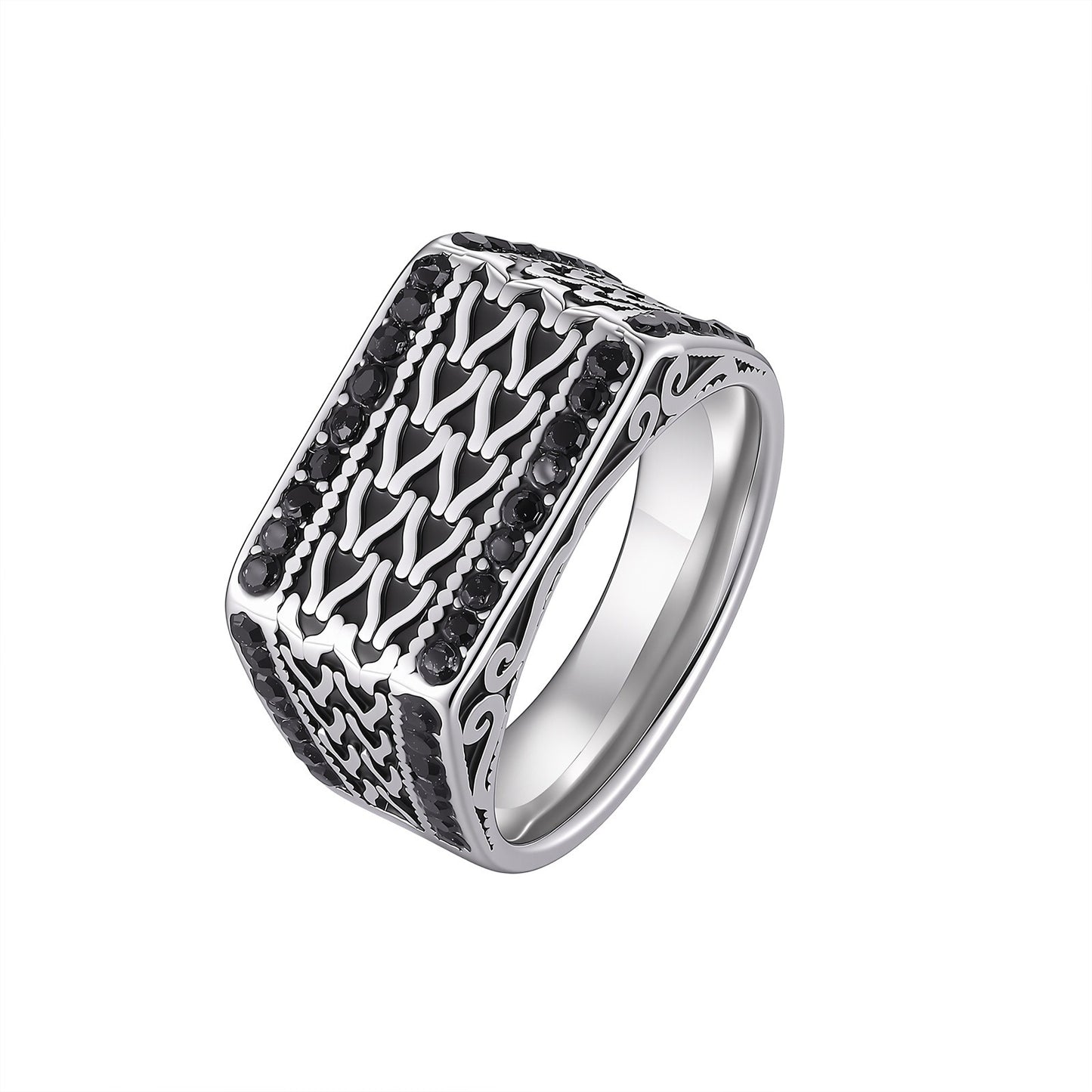Kemston Stainless Steel Woven Chain Signet Ring for Men Black Cubic Zirconia Inlay Vintage RC-1134