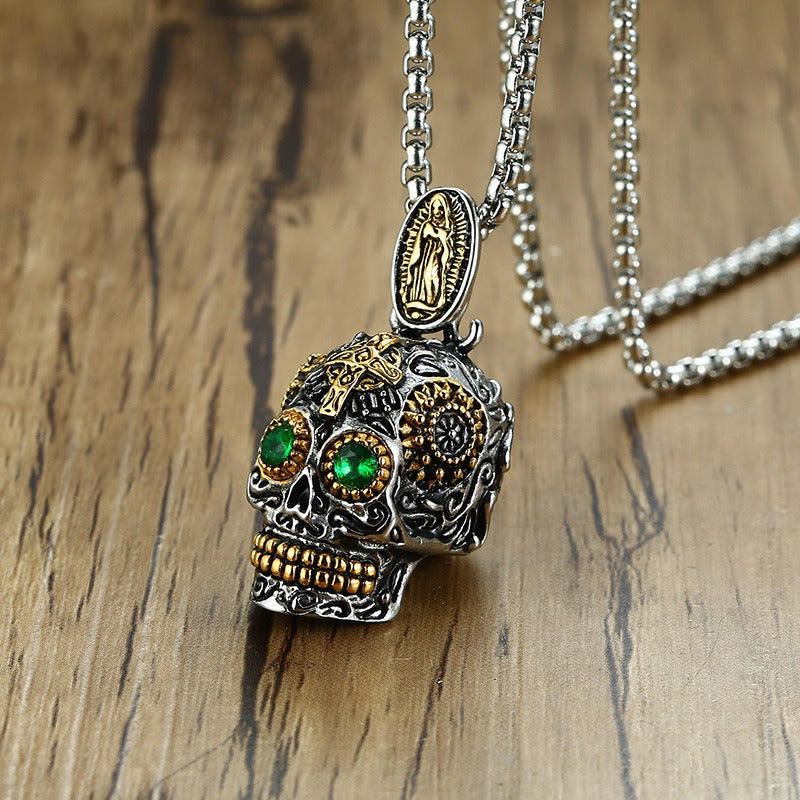 Kemstone Stainless Steel Skull Pendant Necklace for Men with Green Crystal Eyes Punk Style PN-1158