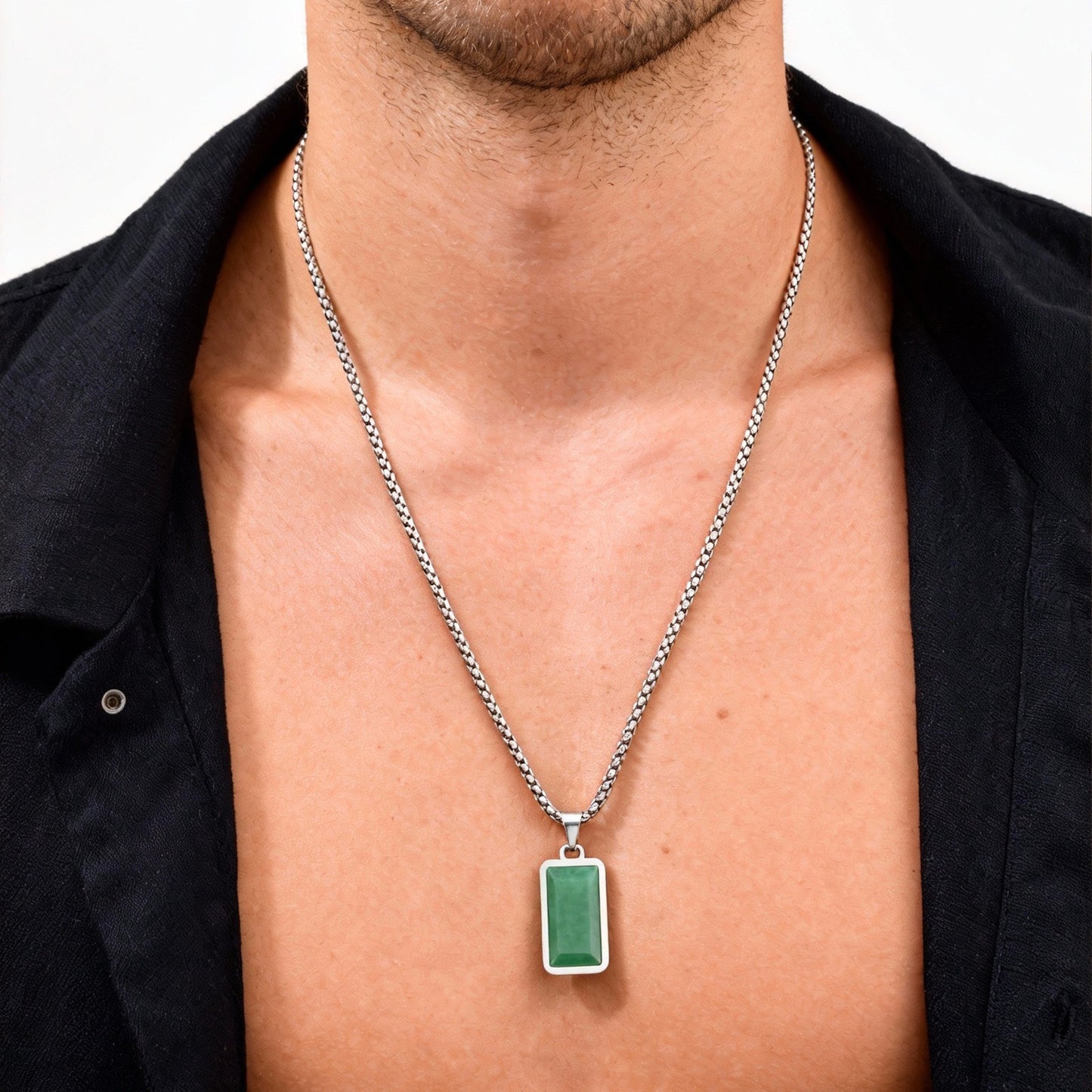 Kemstone Green Stone Pendant Necklace Stainless Steel Rectangular Minimalist Necklace for Men PN-2259