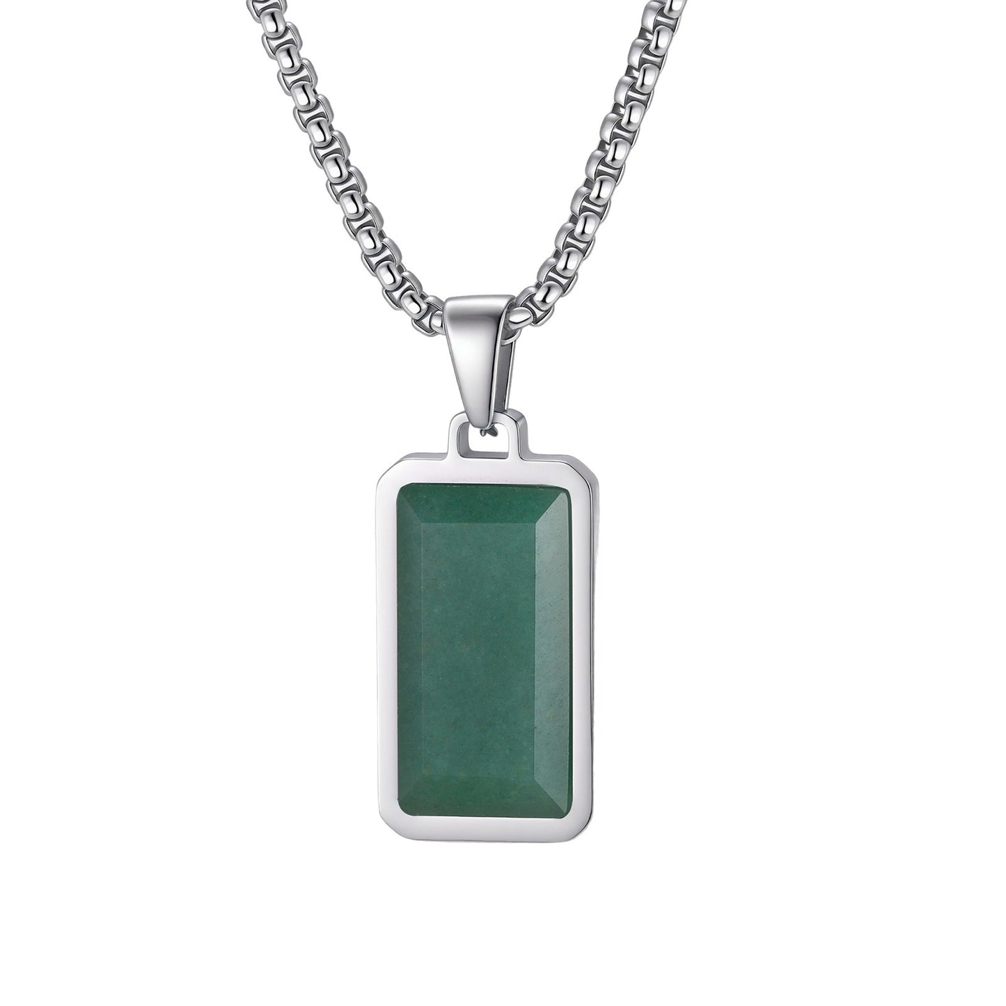 Kemstone Green Stone Pendant Necklace Stainless Steel Rectangular Minimalist Necklace for Men PN-2259