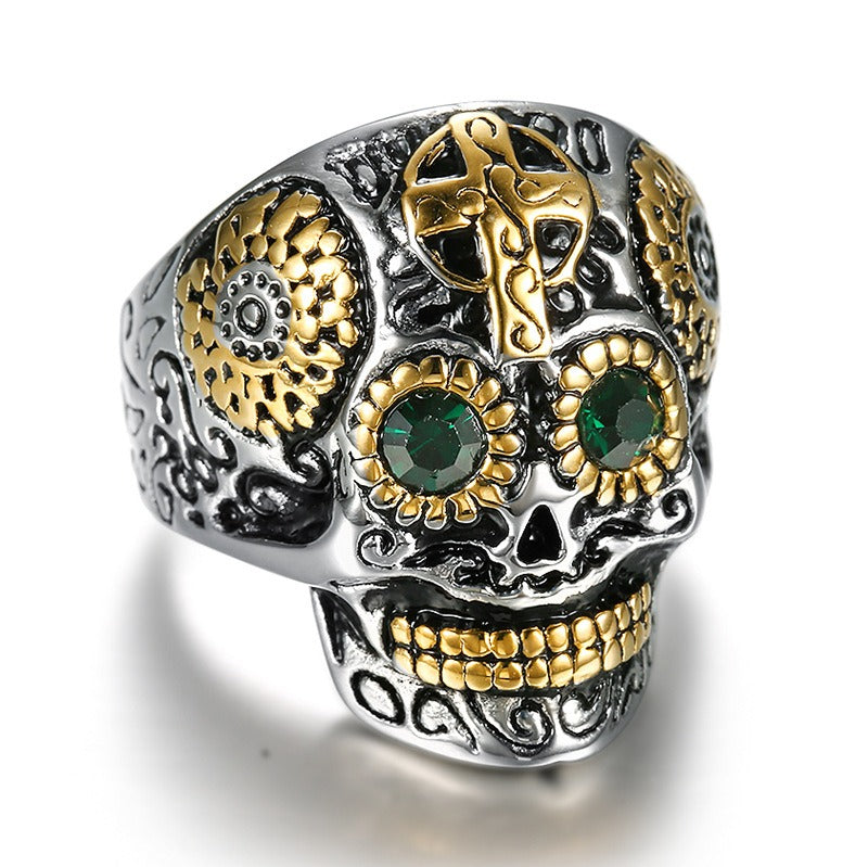 Kemstone Green Stone Skull Ring for Men Stainless Steel Vintage Cross TR0069
