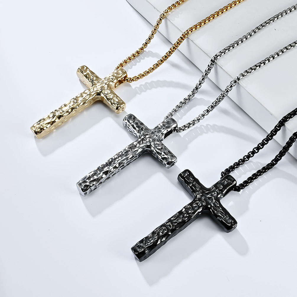 Kemstone Stainless Steel Cross Pendant Necklace for Men Hammered Textured Vintage K-PT504