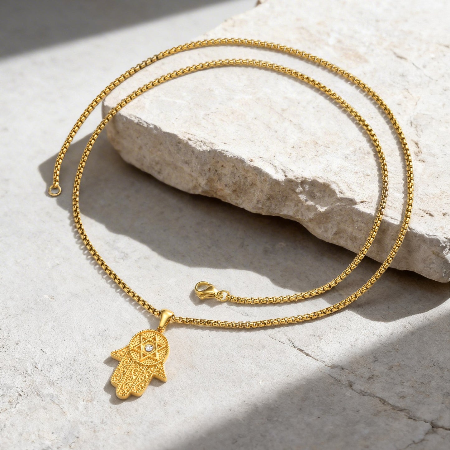 Kemstone Hand Pendant Necklace Gold Plated Stainless Steel Star Symbol Cubic Zirconia for Men Women PN-2337