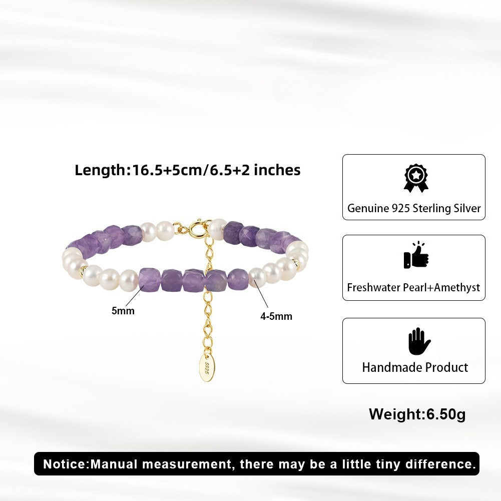 Kemston Amethyst & Freshwater Pearl Beaded Bracelet for Women 925 Sterling Silver MPB17