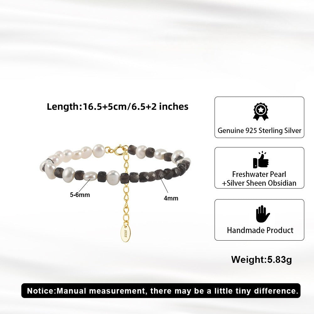 Kemston Silver Sheen Obsidian & Freshwater Pearl Beaded Bracelet for Women 925 Sterling Silver MPB26