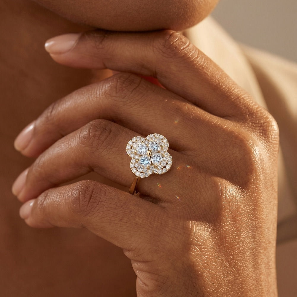 Kemston 925 Sterling Silver Clover Moissanite Ring for Women SMOR18